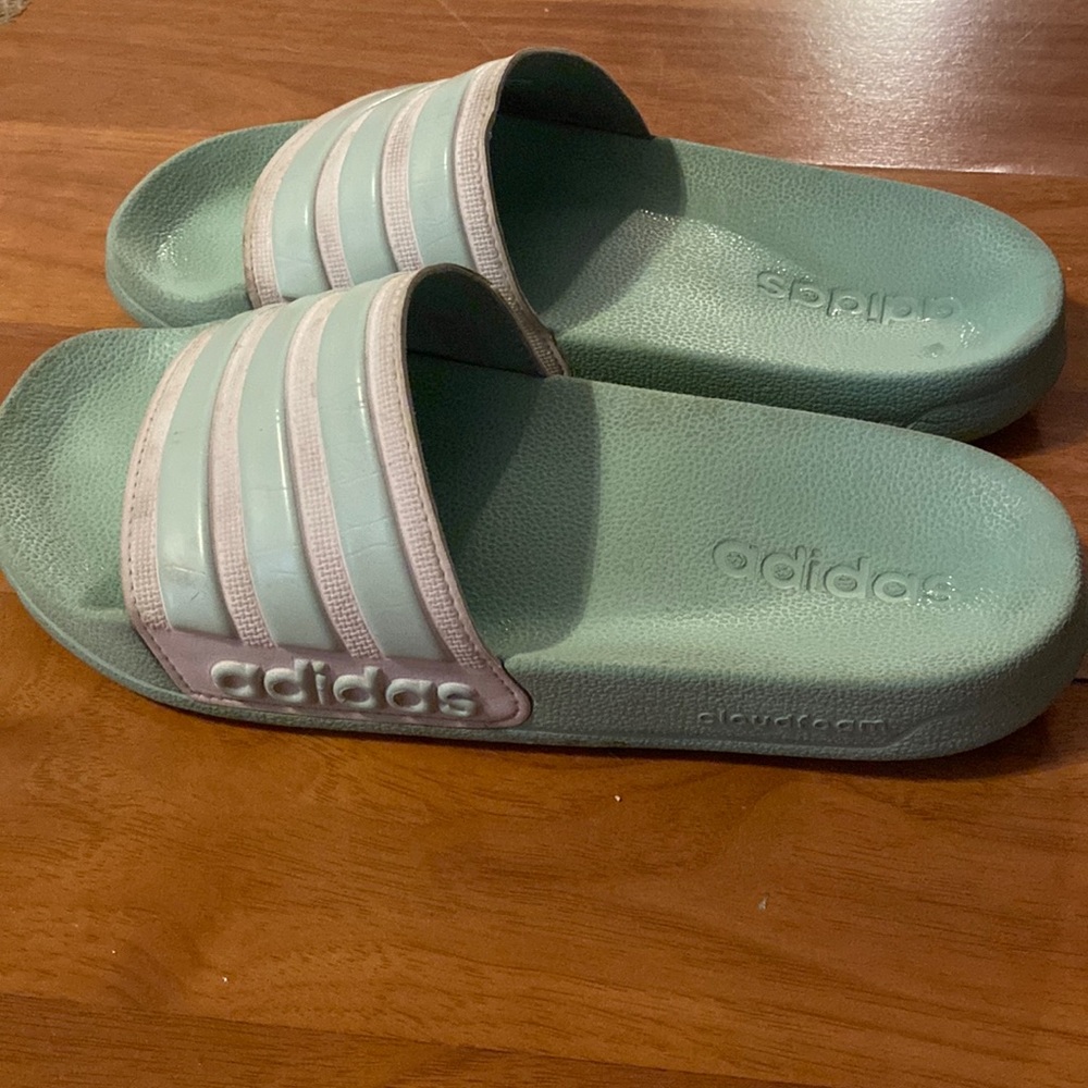 Mint green adidas slide ons